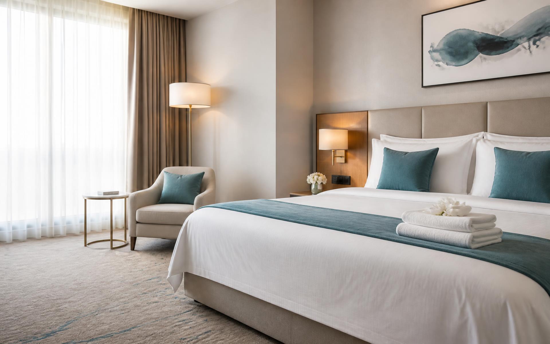 Neatly folded white hotel linen in a bright guest room